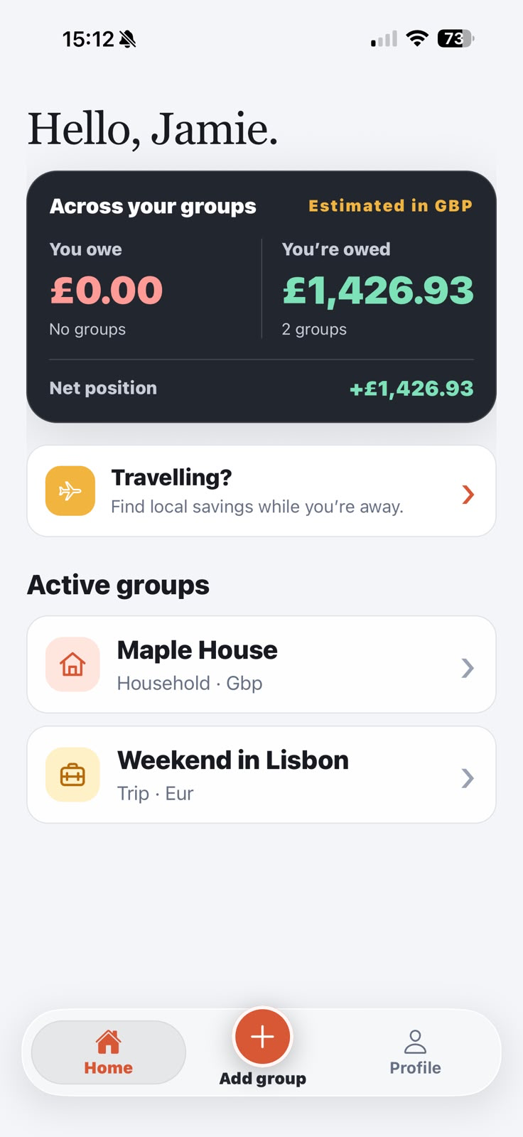 Squario home screen showing group balances