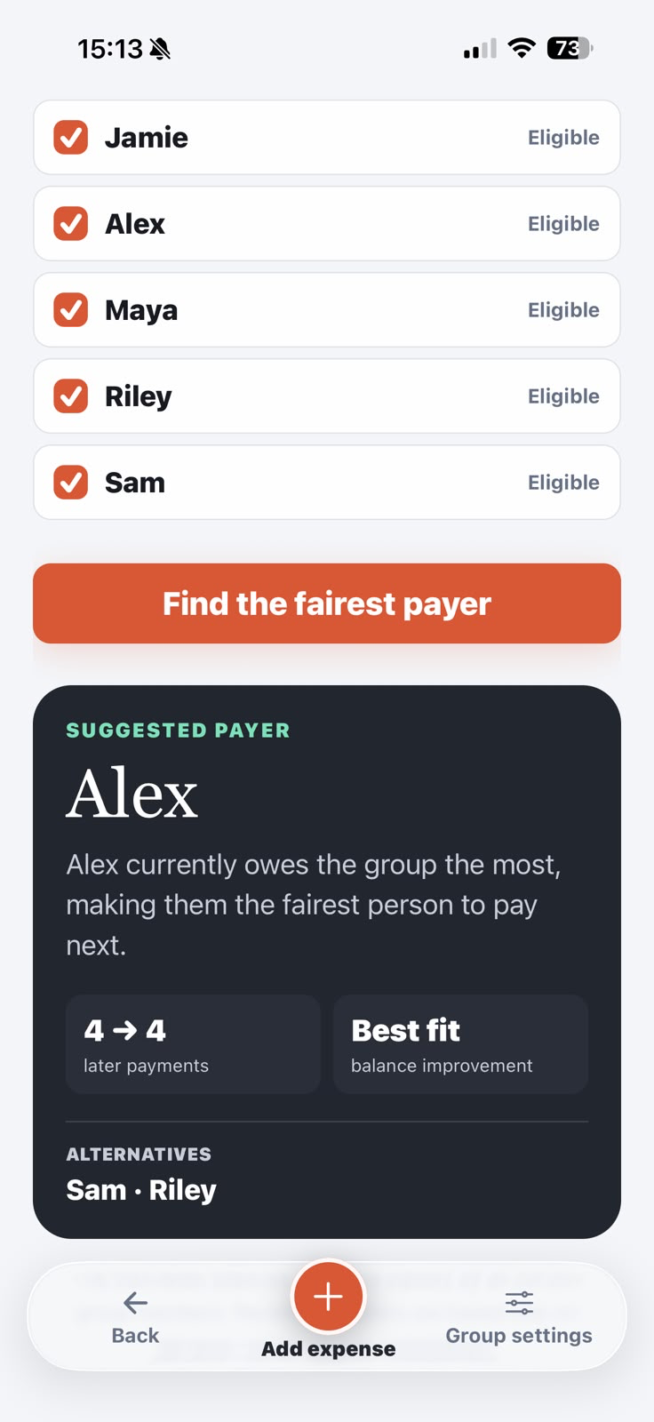 Squario suggesting the fairest person to pay next